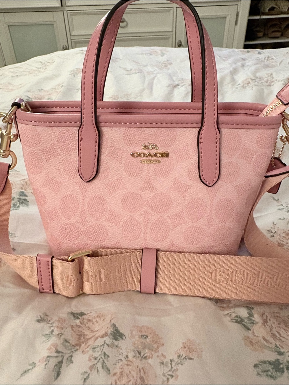 Coach Pink Signature Mini Tote with Detachable Strap and Gold Hardware
